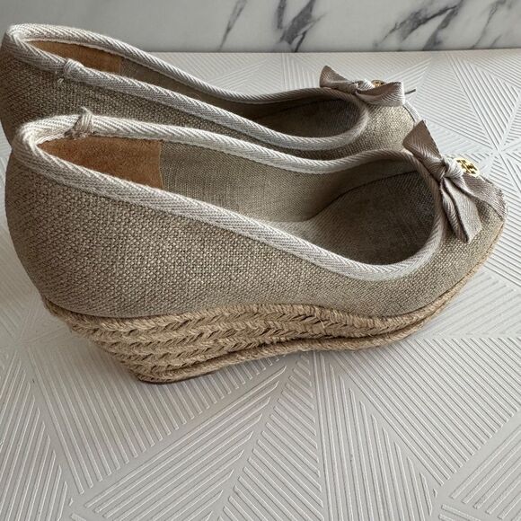 Tory Buch Espadrilles Wedged Slip On Metallic Canvas Neutral Tan Size 6.5 - Picture 6 of 10
